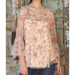 ANGIE Cottage Floral Blouse Pink Top Lace Bell Sleeve Blouse Women’s Small Shirt